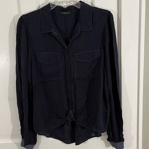 Maven West 100% Cupro Navy Button Up Blouse Shirt Lightweight Casual Size XS